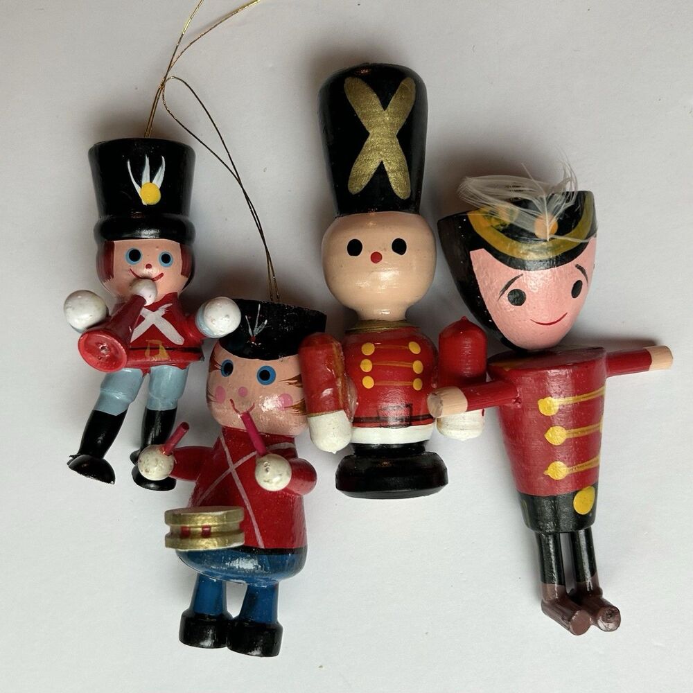 VTG 80s Wooden Christmas Ornament Lot-  4pc Assorted Soldiers, 2566